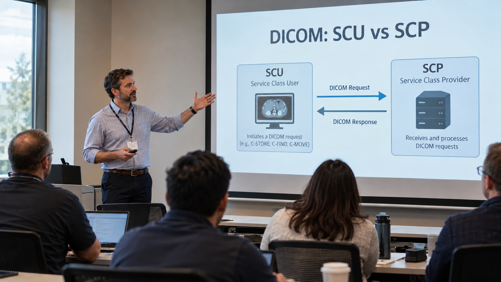 Instructor explaining DICOM concepts to a classroom