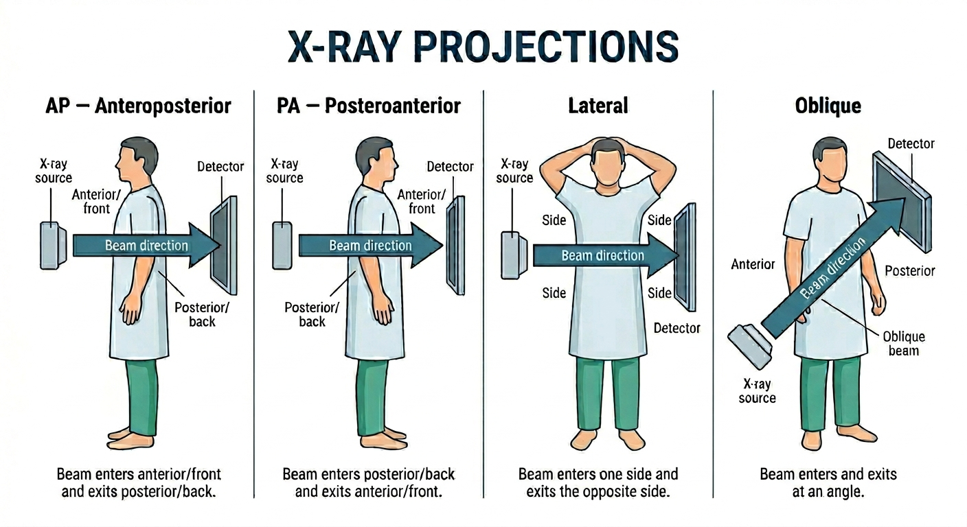 X-ray projections guide showing AP, PA, lateral, and oblique beam directions